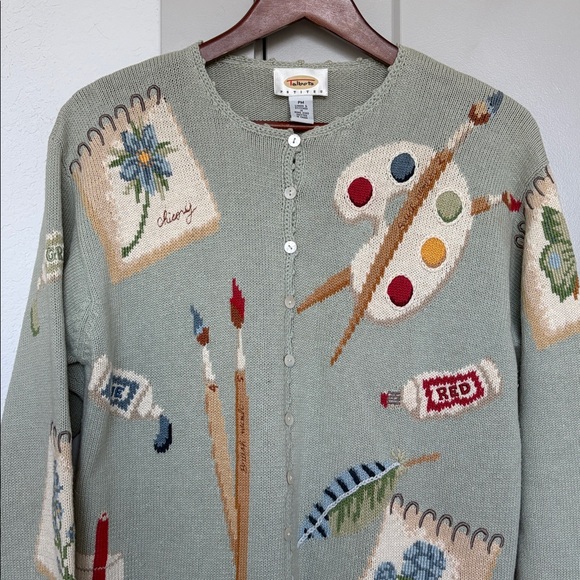 VINTAGE 90S TALBOTS GREEN PAINT ART PAINT THEMED KNIT CARDIGAN SWEATER WOMENS PM - Picture 2 of 6